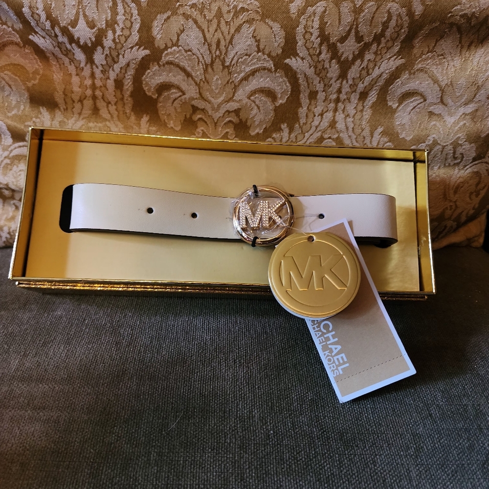 Michael Kors MK Women's 25mm White Rhinestone Logo Belt Size L/XL